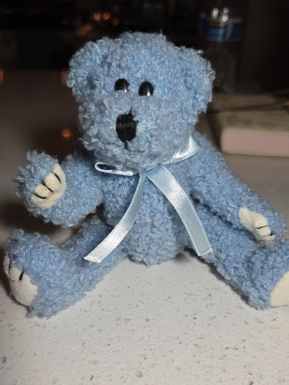 Small Blue Plush Teddy Bear with Satin Ribbon - Kids Stuffed Animal